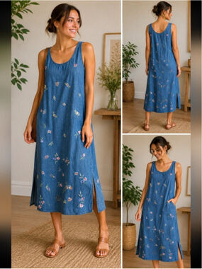 Agapo Collection Embroidered Denim Midi Dress Floral Butterfly Sleeveless Blue S